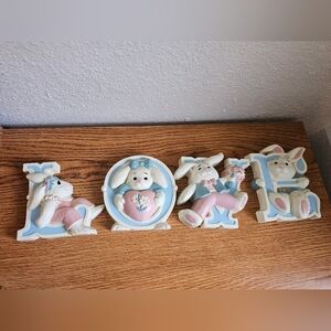 Vintage Bunny Wall Plaque Set Love Nursery  Decor Baby Burwood Products Co USA